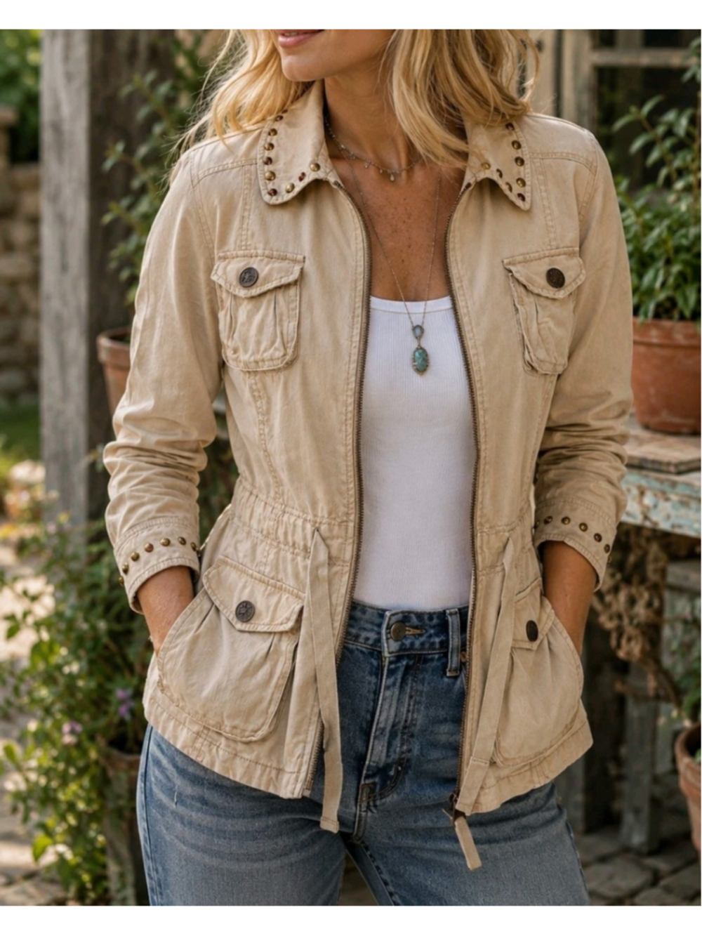 Dollhouse Utility Jacket Women's M Beige Studded Cotton Zip Safari Military Boho